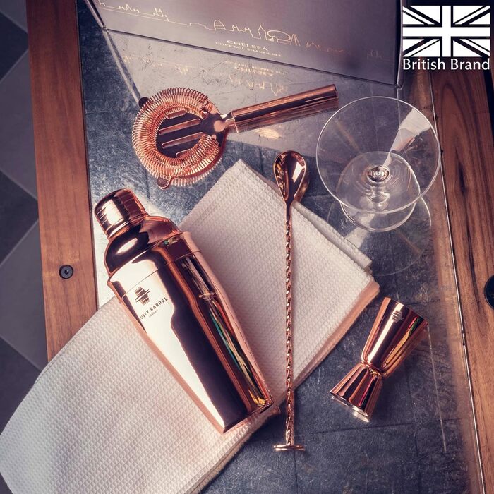 Rusty Barrel Roségold Cocktail Shaker Set - Premium Stainless Steel Bar Set with Shaker, Muddler, Strainer, Jigger, Spout, Spoon, Recipe Book & Gift Box