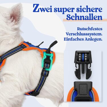 Нашийник для собак Rabbitgoo середнього розміру, анти-тяга, регульований, для великих собак, дихаючий, з світловідбиваючими смугами, безпечне керування, L (Синій+Помаранчевий, XS (1 шт.))