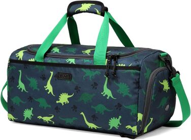 VASCHY Kids Duffel Bag - Overnight Travel Bag for Toddlers, Boys, Water-Resistant Ballet Dance Sports Carry-On Weekender Bag with Shoe Compartment Dry Wet Pocket Green Dinosaur