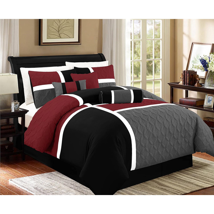 Комплект постільної білизни Chezmoi Collection Upland, 7-piece, Patchwork, для ліжка King Size (Oversized), червоно-сірий-чорний