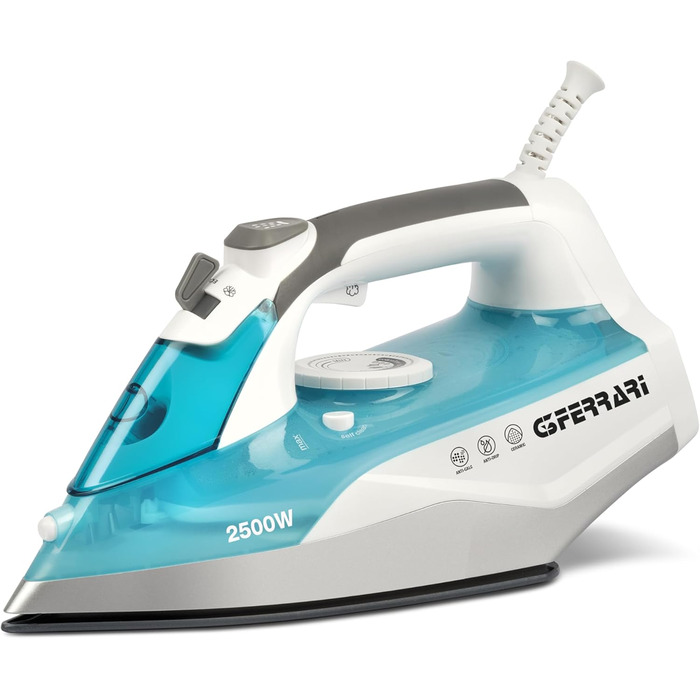 Праска відпарювач G3 Ferrari Ermes, 2500 Вт, керамічна підошва, 340 cc, 150 г/хв, самоочищення, захист від накипу та протікання, 51 мікроотвір, білий/світло-блакитний