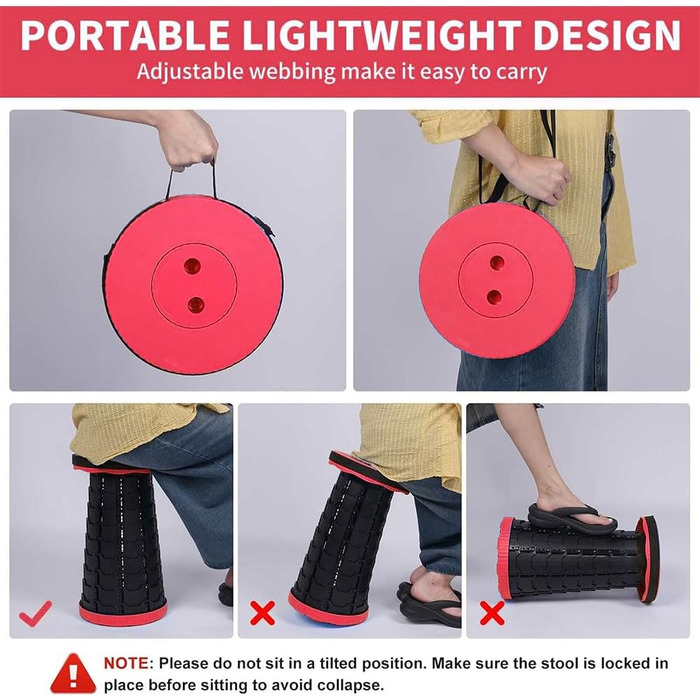 Крісло-телескоп для кемпінгу, регульована висота 6-45 см, вантажопідйомність 181 кг, портативне з ременем для перенесення (Червоний, 2 шт.)