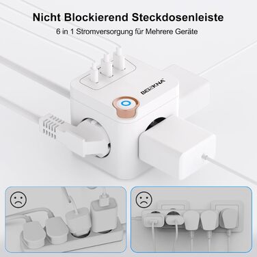 Мережевий концентратор з 4 USB-портами, настінний, 4 розетки, захист від перенапруги, 2 USB-C розетки, вимикач, 4000W, 16A, білий