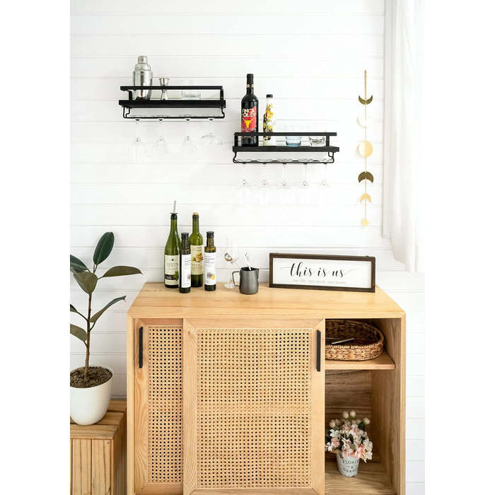 Wall-Mounted Wine Racks 2-Piece Set Wood Rustic Wine Bottle Glass Floating Shelves with Stemware Hangers Modern Wine Display Storage Holder for Kitchen Dining Room Bar, black