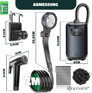 Сонярна душова кабіна KESSER® з насосом та акумулятором 8000mAh. Комплект для кемпінгу: регульована лійка, 2м шланг, пістолет-розпилювач, кріплення. Без бака. Чорний колір