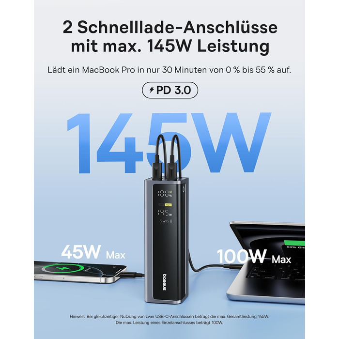 Power Bank Baseus EnerGeek 145W 20800mAh з 2x USB-C PD 3.0 (100W) та Digital Display для Ноутбуків, MacBook, iPhone, Samsung, SteamDeck