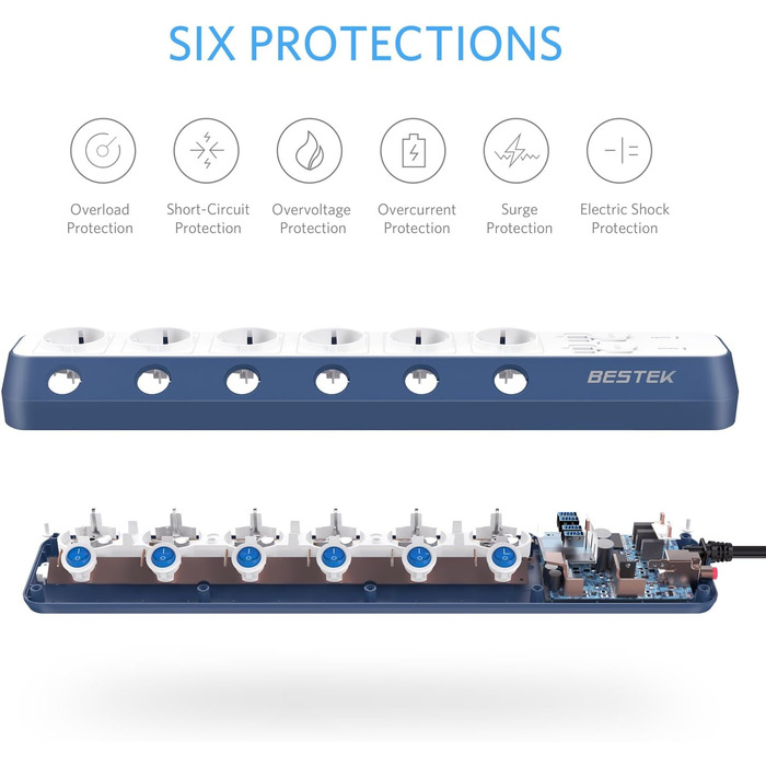 Мережевий фільтр BESTEK з 6 розетками, 4 USB, захистом від перенапруги 900 Дж, вимикач, синій та білий