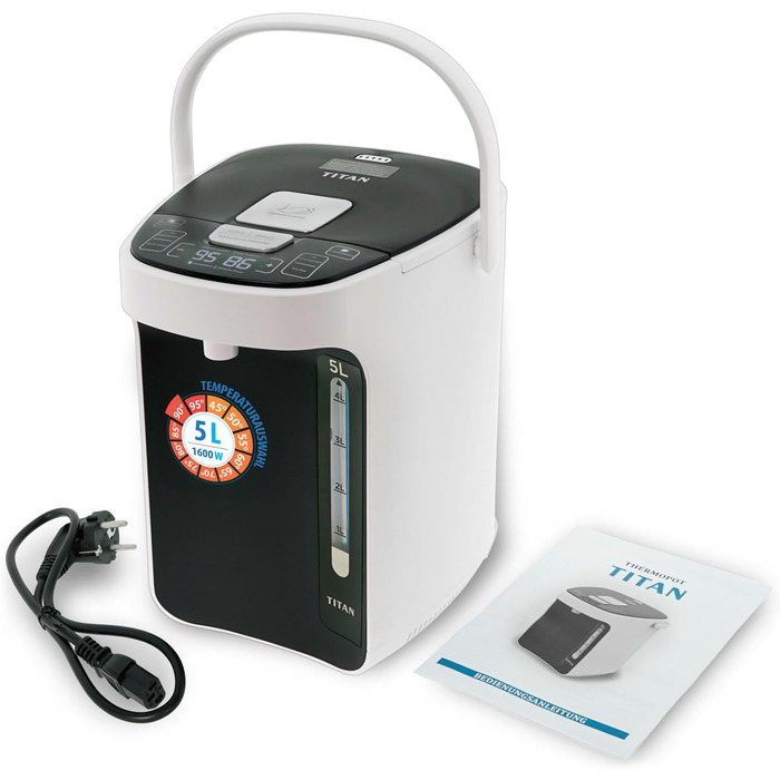 TITAN 2.1: Thermopot 5 Liter Kettle, Hot Water Dispenser Adjustable 45-95 °C, Pump Kettle 5L Thermos Flask, Samovar with Temperature Setting, Child Safety Lock, Water Connection, Keep Warm Function