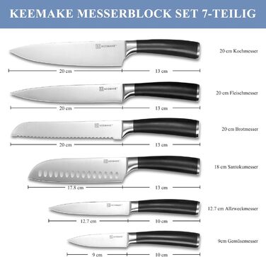 Набір кухонних ножів Keemake 7 предметів з дерев'яним блоком, професійний набір ножів з нержавіючої сталі