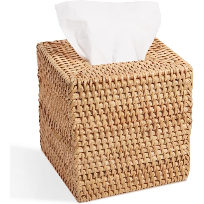 Rattan Cosmetic Tissue Box, 14 x 14 x 14.5 cm, Handwoven Square Tissue Box, Natural Decorative Tissue Box, Tissue Dispenser (Square, Natural)