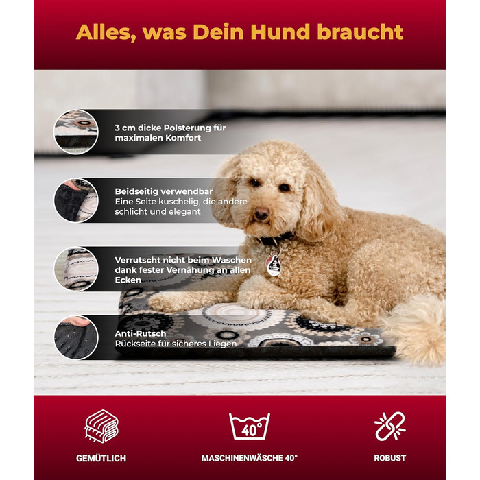 Підстилка для собак XS (45x65 см) – нековзна та м'яка з 3 см наповнювачем – ідеальна для дивана, авто та переноски – виготовлено в Німеччині (65 x 95 см, Мандала Антрацит)