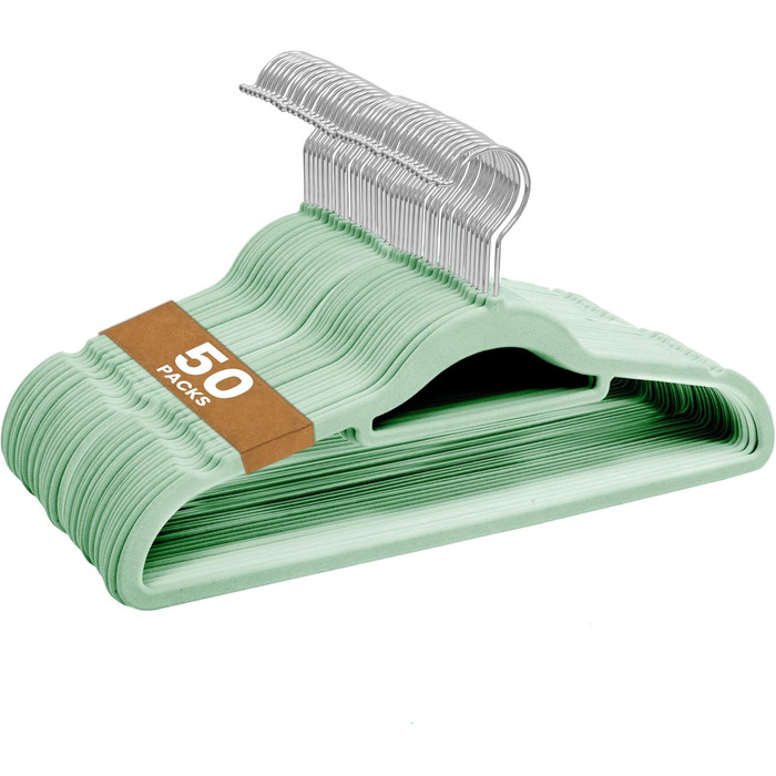 Набір плечиків для одягу з оксамиту, 50 шт., м'ятно-зелені. Плечики для одягу з антиковзаючим покриттям, з органайзером для краваток, обертаються.