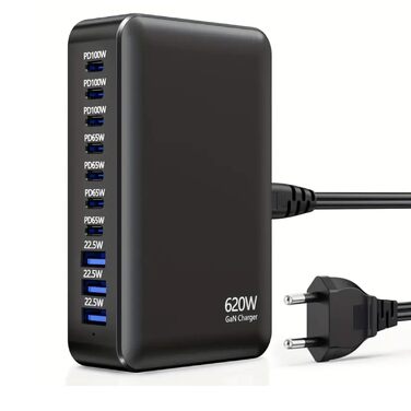 Зарядний пристрій USB-C 620W, 10 портів: Швидка зарядка PD PPS 100W, USB-C для MacBook Pro/Air, iPad, iPhone 16/15/14/13/12 Pro Max, Samsung