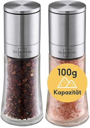 Набір млинків для солі та перцю SILBERTHAL, 6 ступенів помелу, керамічний механізм, скло та нержавіюча сталь, порожній, багаторазово наповнюваний