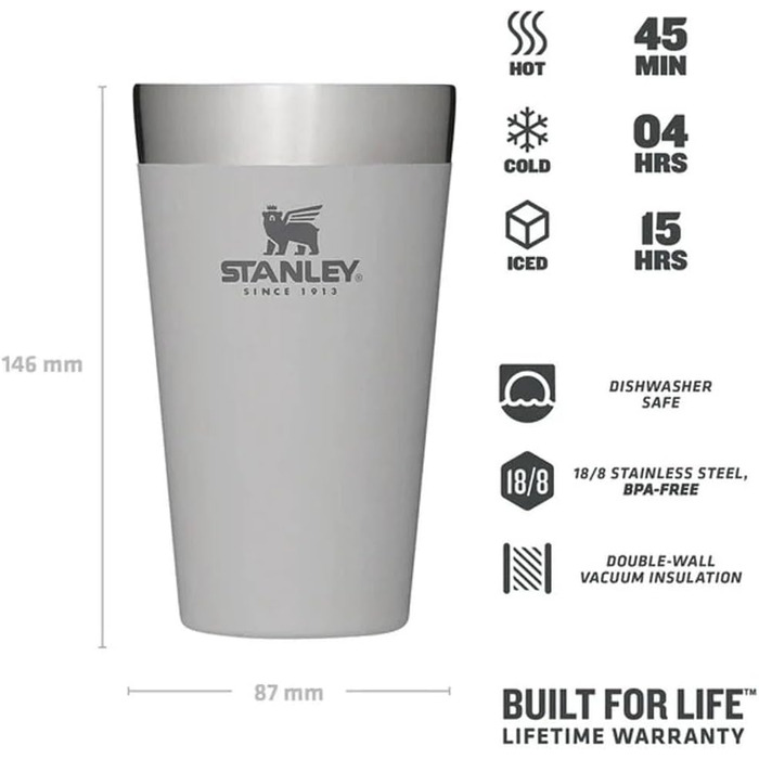 Термокружка Stanley Adventure Stacking Bierkrug 473 мл з нержавіючої сталі - 4 години холоду, без BPA, з подвійними стінками, вакуумна ізоляція, миється в посудомийній машині (Ash)