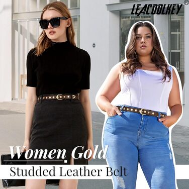 Жіночий шкіряний ремінь LEACOOLKEY для джинсів та штанів, з пряжками, стильний ремінь з нітями, розмір M (82-91 см) та S (66-81 см)