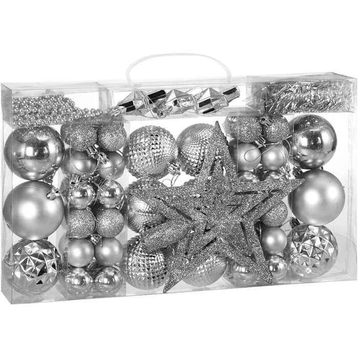 DEUBA® Новорічні кулі 66 шт. Ø 3-6 см, пластик, матові та глянцеві, для прикраси ялинки, срібні