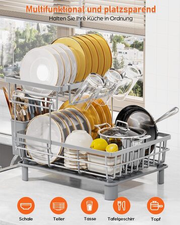 LIONONLY Dish Drying Rack, Small 2-Tier Dish Rack with Drip Tray, Stainless Steel Dish Drying Rack with Utensil Holder, Drink Holder and Swivel Spout, Dish Drying Stand Kitchen