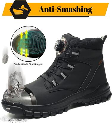 Черевики безпеки чоловічі/жіночі, водонепроникні робочі черевики, високі, з металевим підноском, антиковзаючі, легкі, чорні, з поворотним замикачем, 43 EU