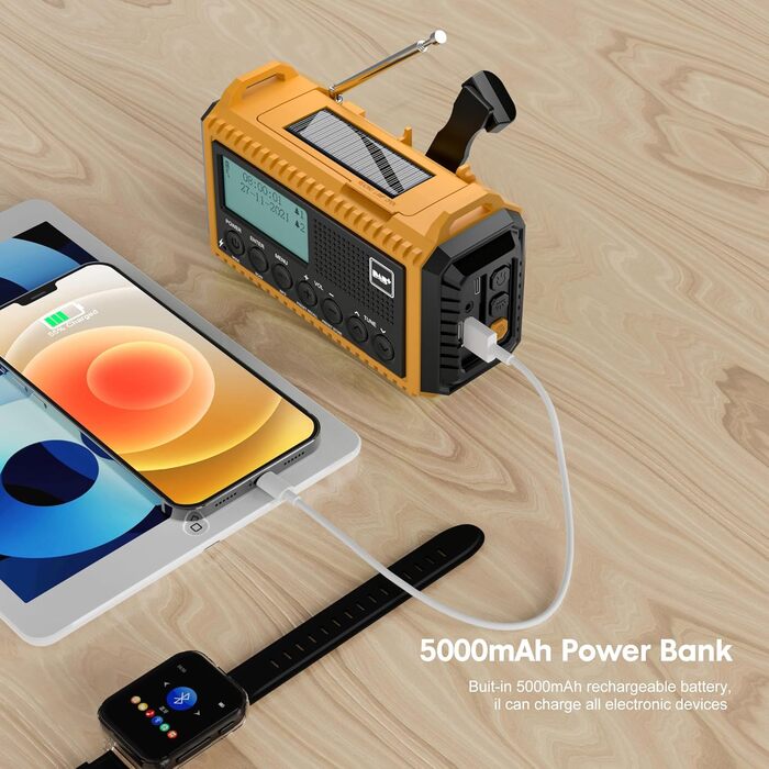 Радіоприймач Kurbelradio з DAB+/DAB/UKW, акумулятор 5000mAh, ліхтарик, аварійне радіо, USB-зарядка, FM, динамо, SOS-сигнал, для туризму та відпочинку на природі (жовтий)