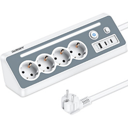 Мережевий фільтр з USB та 2 Type-C, 4 розетки, кутова розетка, мережева смуга з LED-підсвічуванням, захист від перенапруги 3680W 16A, 90° розгалужувач з вимикачем, кабель 1,5mm², білий для кухні/офісу