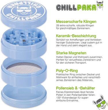 Керамічна млинка для трав CHILLPAKA Premium 63 мм, синя, з антипригарним покриттям, скребком і щіточкою