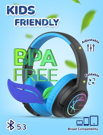 iClever Бездротові навушники для дітей з LED-підсвіткою, обмеження гучності 74/85дБ, 43 години роботи, стерео звук, Type-C, AUX-кабель, Bluetooth 5.3, для планшетів/подорожей (Чорний та фіолетовий)