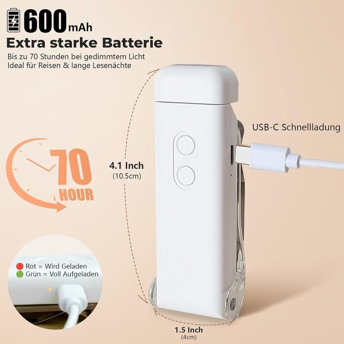 LED Кліпса-лампа для читання Nixtrve: 3 режими, 5 рівнів яскравості, USB-C, таймер, захист очей