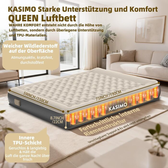 Матрац надувний KASIMO TPU самонадувний 1-місний з електричним насосом та подушкою, 190x90x22 см для дому та кемпінгу