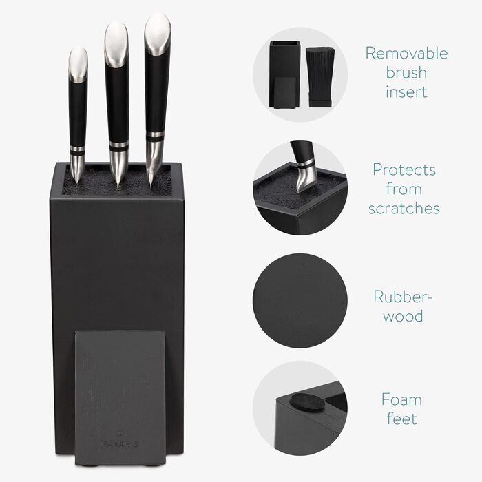 Navaris Acacia Wood Knife Block with Bristle Insert - Unfitted Knife Block made of Wood - Universal for Kitchen Knives, Chef's Knives, Cooking Utensils - Black