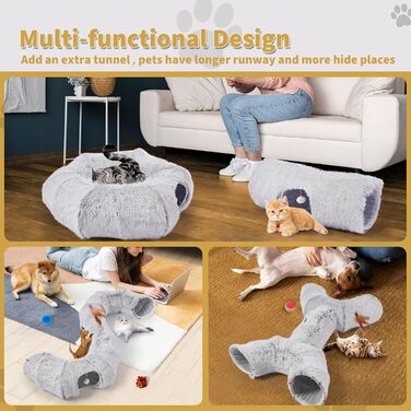 Odoland Cat Tunnel - Large Cats, Foldable Cat Tunnel with Play Ball Cat Bed, Multifunctional Crinkle Tunnel Cat Cave Interactive Toy for Indoor Kittens