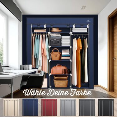 KESSER® Wardrobe Clothes Closet Stable with Clothes Rail & Shelves, Incl. 5x Clothes Hangers, Fabric Folding Closet for Bedroom, Dressing Room Wardrobe with Clothes Rack 150x45x175cm Navy Blue