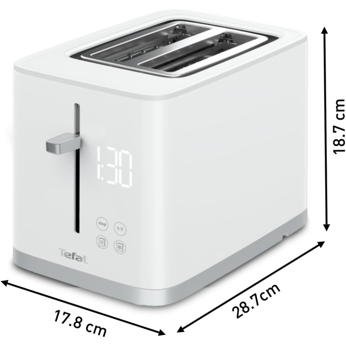Tefal TT6931 Sense Toaster | 7 Browning Levels | Digital Display | Countdown Timer | Reheat/Defrost | Crumb Tray | Stop Button | White Single