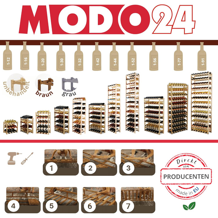 MODO24 Bottle Rack, Wine Rack Wood for 42 Bottles, Wine Cabinet, Wine Stand, Beverage Rack, Wine Bottle Holder, Bottle Organizer, Wine Cabinet, Dimensions 102x63x25 cm, Colors: Natural Wood