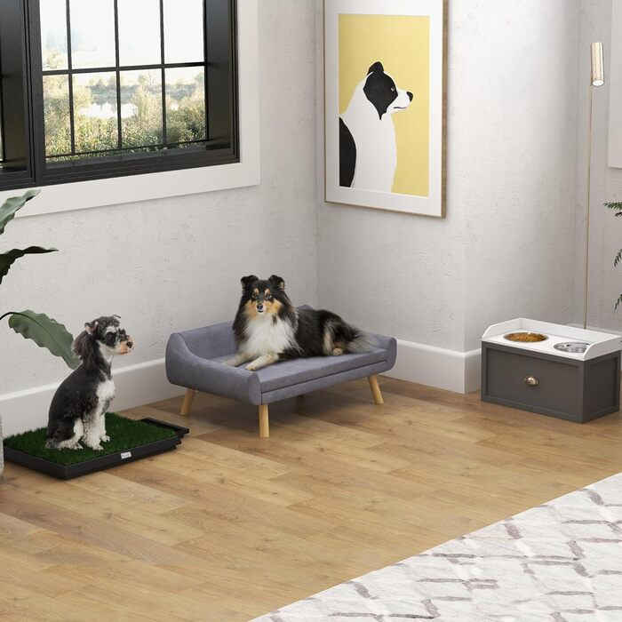 PawHut Софа для собак з м'яким подушками, лежанка для тварин з дерев'яним каркасом, знімний та пральний чохол, для середніх та великих собак (сіра)