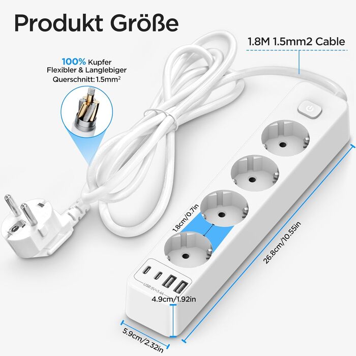 Розподільник розеток з 4 USB та захистом від перенапруги, 4000W, 16A, з вимикачем, 1.8м кабель, білий