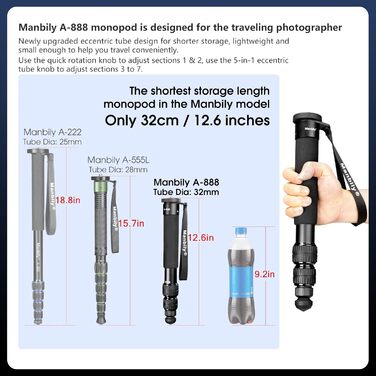 Монопод для камери Manbily A-888, 32-156 см, алюміній, 7 секцій, для DSLR/смартфона, монопод для фото та відео
