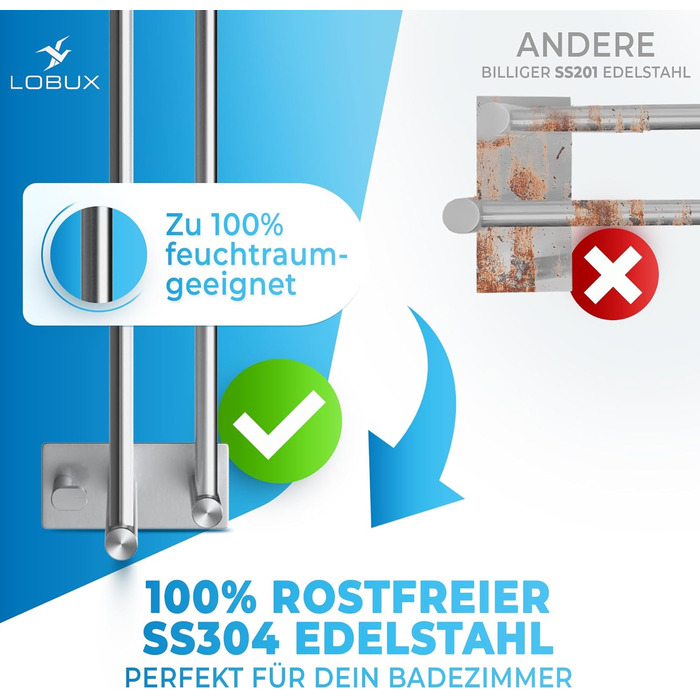 Тримач для рушників без свердління 60 см, нержавіюча сталь, для ванної кімнати, душової кабіни, кухні. В комплекті 2 гачки. Срібний колір