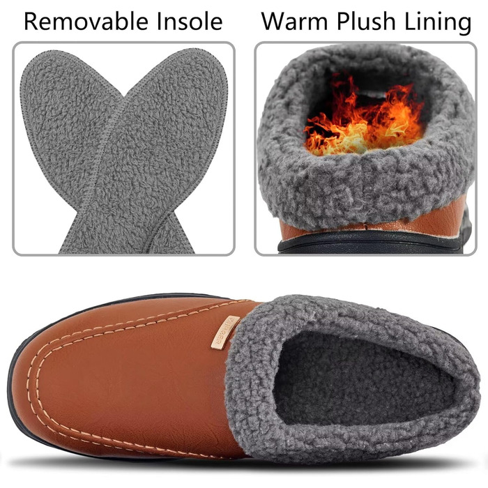 Чоловічі домашні тапочки Leder Hausschuhe Warm Plüsch Gefüttert Winter Pantoffeln, червоно-коричневі (43 EU)