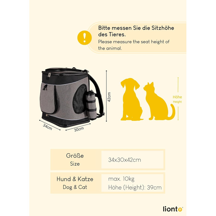 Сумка-рюкзак для тварин Lionto, 34x30x42 см, з водонепроникного оксфорду та сітки, з тримачем для пляшки та подушкою, для тварин до 10 кг, сіра/зелена