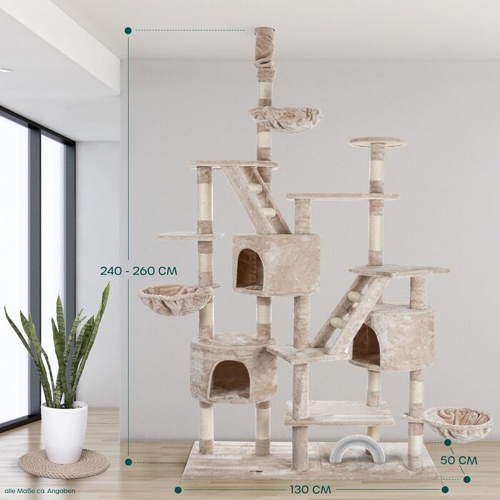 Кігтеточка HAPPYPET 260 см - великий, стабільний кімнатний комплекс для котів з аксесуарами (бежевий)