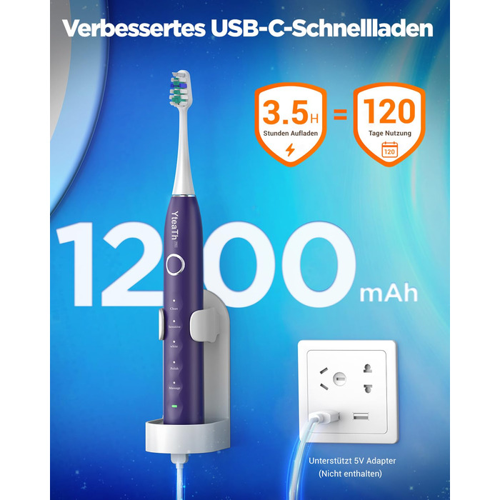 Електрична зубна щітка зі звуковими вібраціями, 8 насадок (3 типи), таймер, 120 днів роботи від акумулятора, 5 режимів чищення, чохол для подорожей, док-станція, фіолетовий колір
