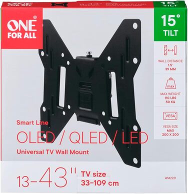 Настінний кріплення для телевізора One For All, поворотний 180°, регульований кут нахилу, висувний, для телевізорів 13-40 дюймів, VESA 75x75 - 200x200, 30 кг, чорний