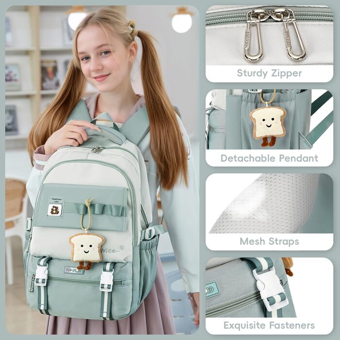 Шкільний рюкзак для дівчаток-підлітків, великий рюкзак для класу 5-12, стильний рюкзак-daypack з нейлону для гімназії, реального училища та університету, зелений