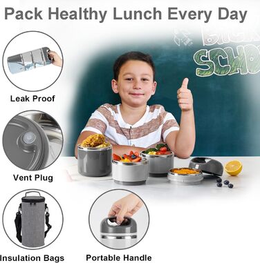 Ланчбокс Lille Home з нержавіючої сталі 1.43л, 3-рівневий, ізольований, без BPA, для жінок та чоловіків, білий