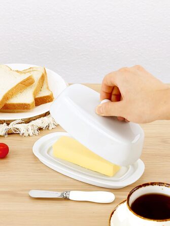 Ceramic Butter Dose with Lid and Knife for Countertop Refrigerator, 20.3 cm, White Butter Holder with Porcelain Lid Knob, Handle for East-West Butter Sticks