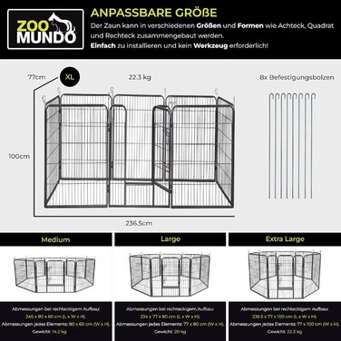 Zoomundo Забіг для цуценят 100см, XL: забіг для тварин, клітка, огорожа, загін для цуценят - Black Edition