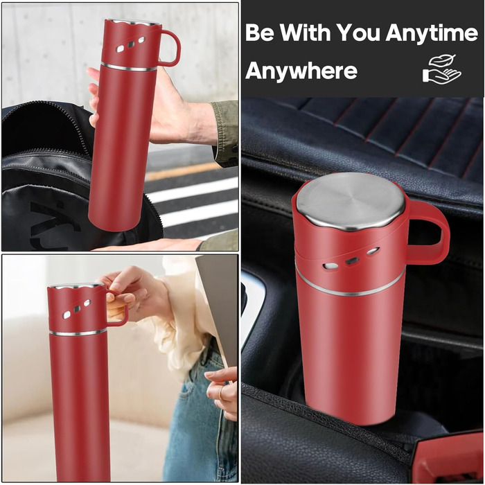 Термокухоль-термос із нержавіючої сталі 550 мл з кришкою-чашкою та ручкою, вакуумний термос 12 годин гарячим / 12 годин холодним, нековзний термос для кави в дорогу для спорту, роботи, школи, авто (червоний)