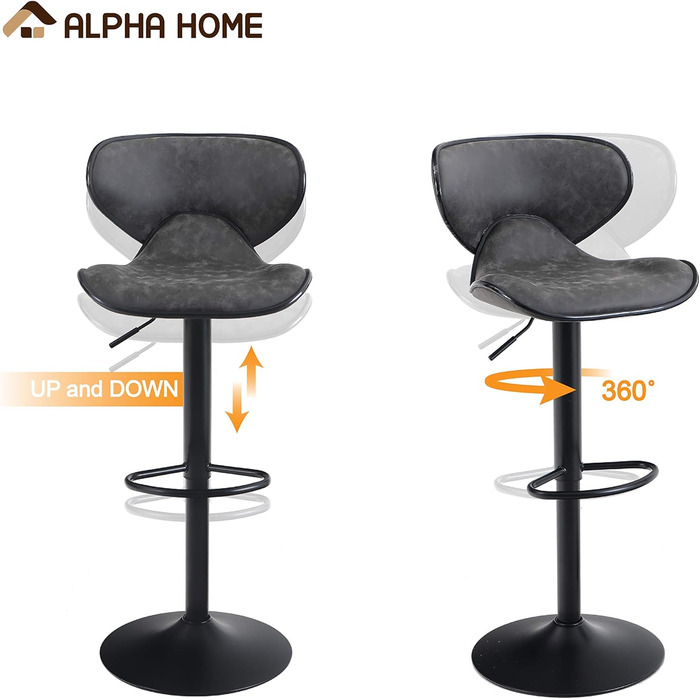Alpha Adjustable Height Swivel Bar Stools 2-Pack with Backrest & Footrest - PU Leather Kitchen Bar Counter Stools (Grey)