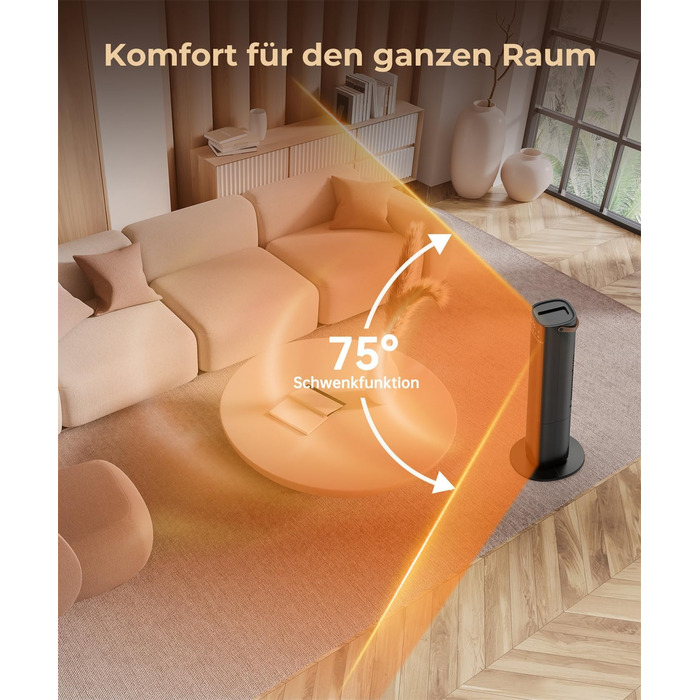 Електричний обігрівач PTC з керамічним нагрівачем, 2000W, 75° обертання, термостат, тихий, 3 режими, таймер 24 год, захист від перегріву та перекидання